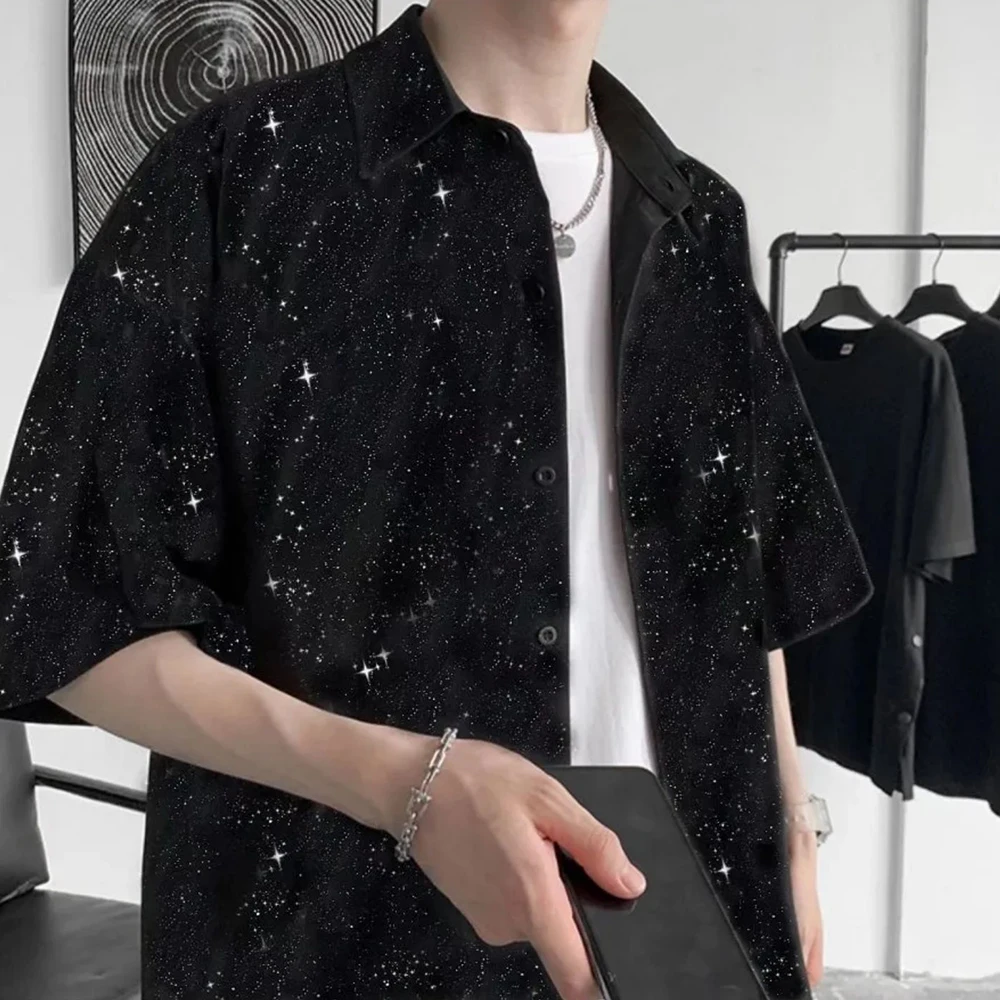 Printed Star Shirts Men Loose Fashion Trendy Retro Harajuku Shorts Sleeve Casual Streetwear Korean Hip Hop