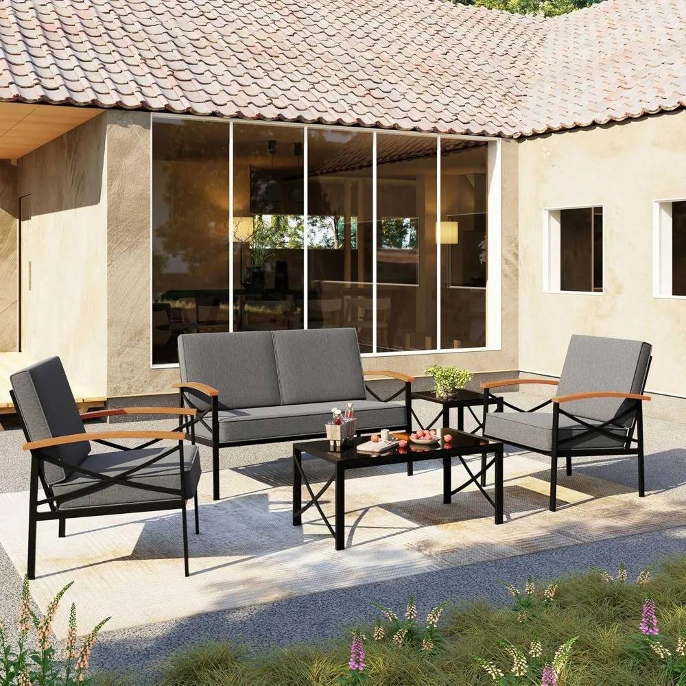 5-piece outdoor patio furniture set, metal conversation sofa including loveseat, two single chairs, two coffee tables