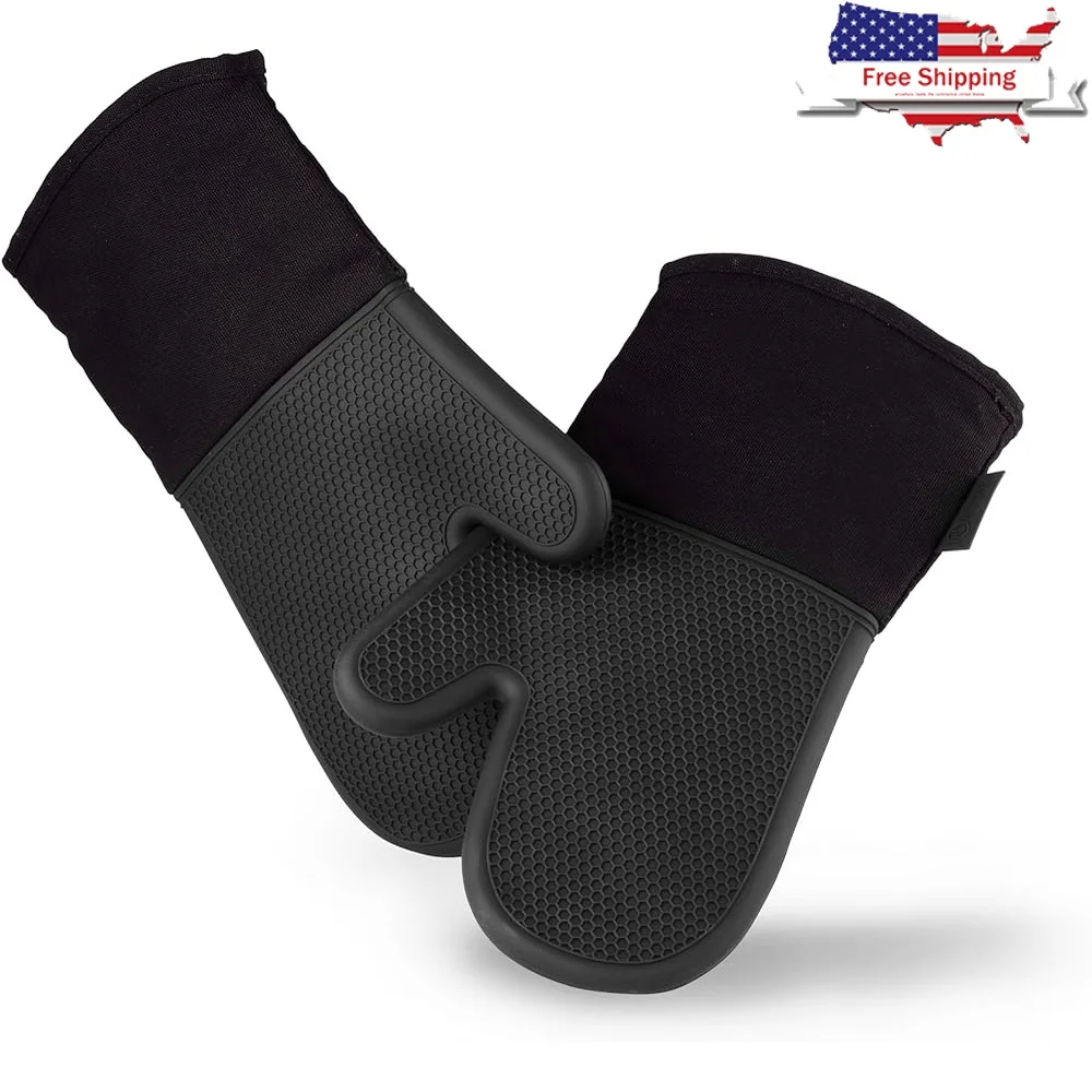 

Silicone Oven Mitt Set 2-Pack Heat Resistant 500°F Waterproof Cotton Interior Steam Protection Comfortable Grip Kitchen Cooking