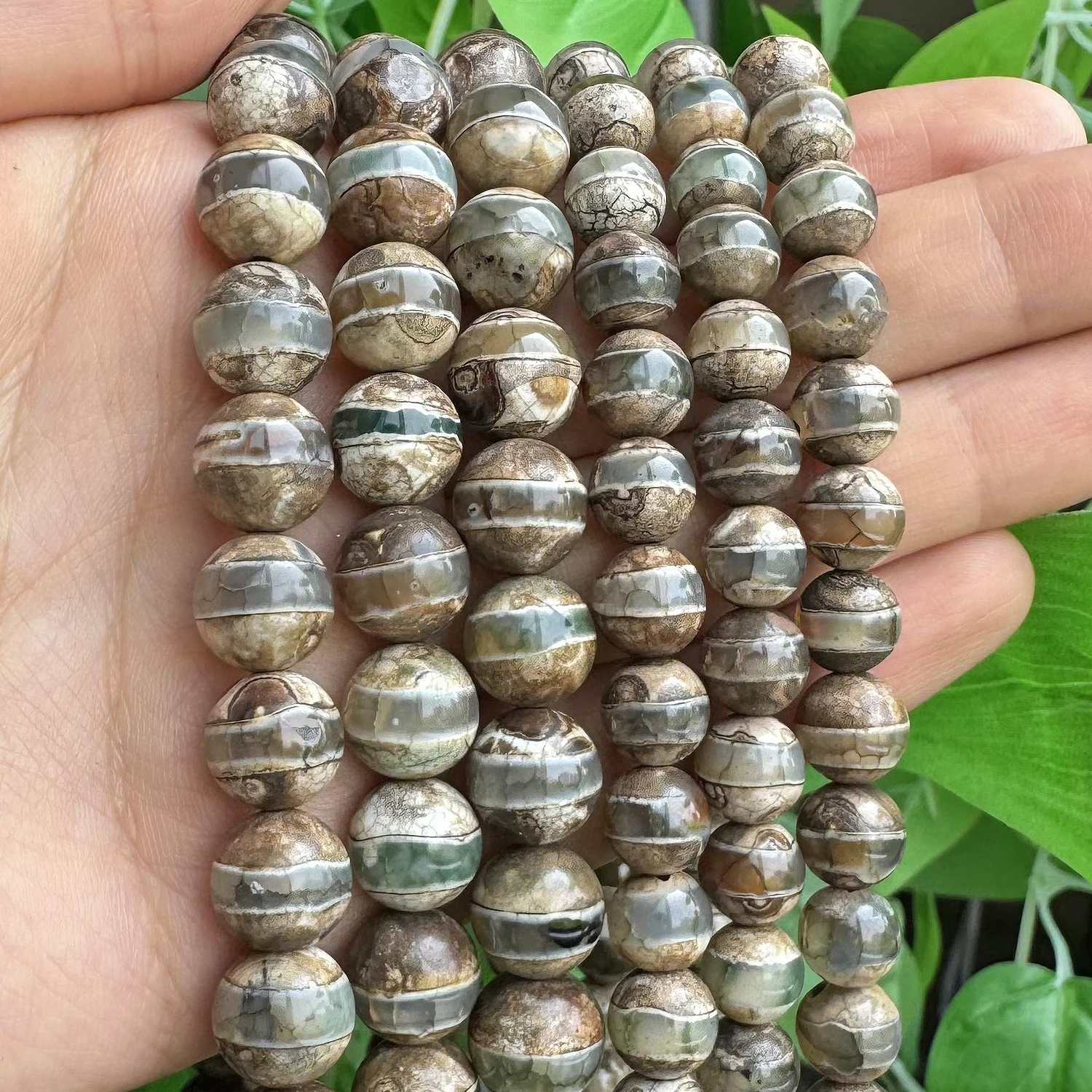 8/10mm Natural Stone Round Beads Grey Green One Line Stripe Dzi Agate Tibetan Beads for Jewelry Making DIY Bracelet Accessories