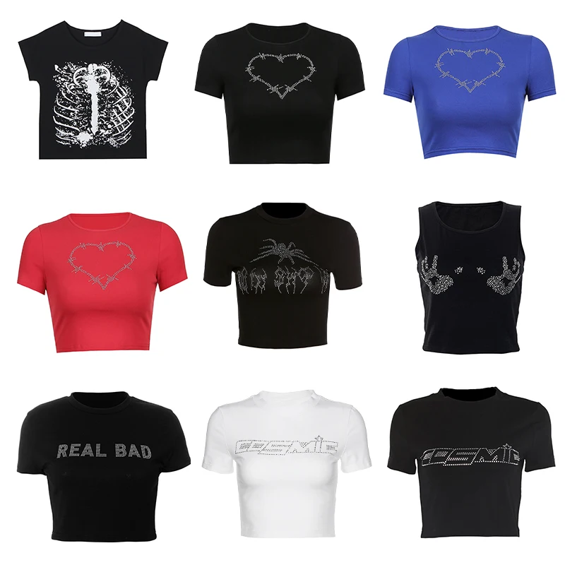 

Summer Punk Vintage Rhinestone Spider Rhinestone Bling Graphic Short Sleeve Tshirts O-neck Crop Top Harajuku Navel Slim Vest Ins
