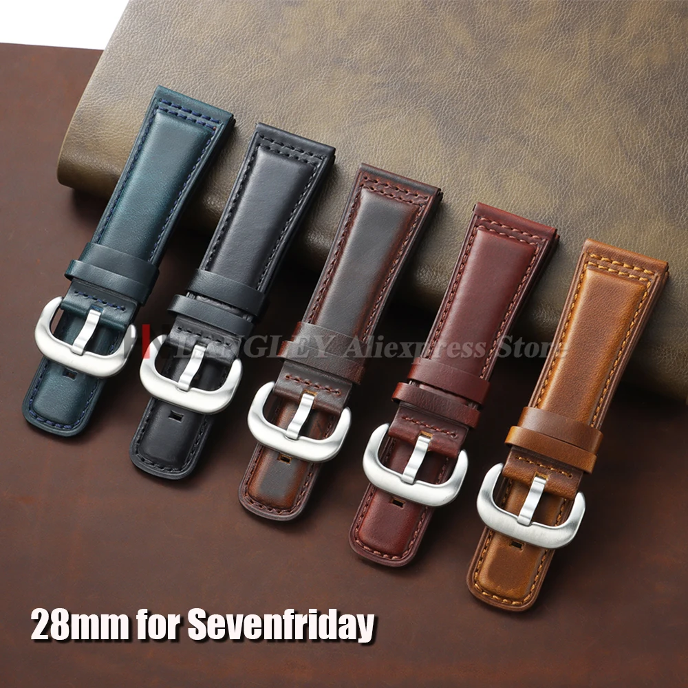 Nouveau bracelet en cuir huilé vintage 28 mm pour montre Seven Friday, hommes et femmes, bracelet de remplacement pour montre de style business, cuir de vachette double face
