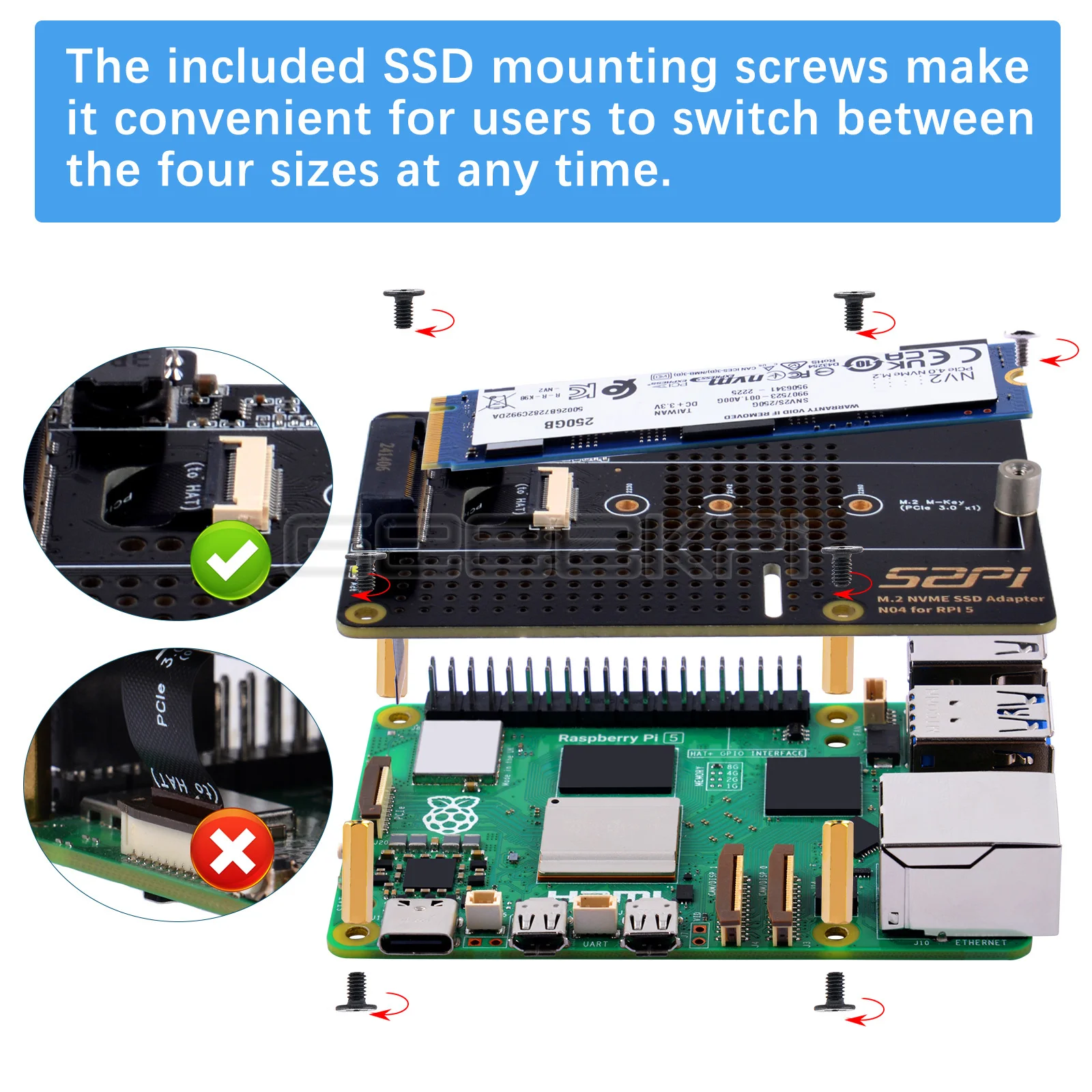 Geeekpi Raspberry Pi 5 N04 M.2 2280 PCIE TO NVMe บอร์ดขยายด้านบนเข้ากันได้กับ Pi5ราสเบอร์รี่
