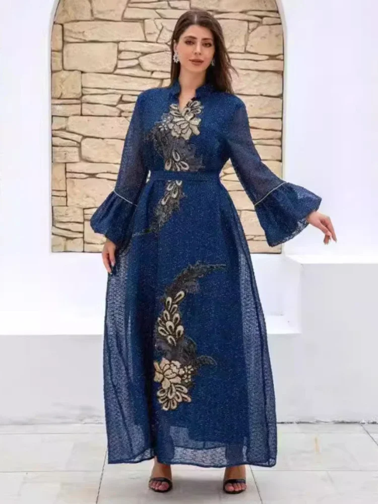 Eid Embroidery Dress for Women Muslim Party Ramadan Abaya Long Dress Belt Morocco Kaftan Vestidos Largos Dubai Robe Jalabiya