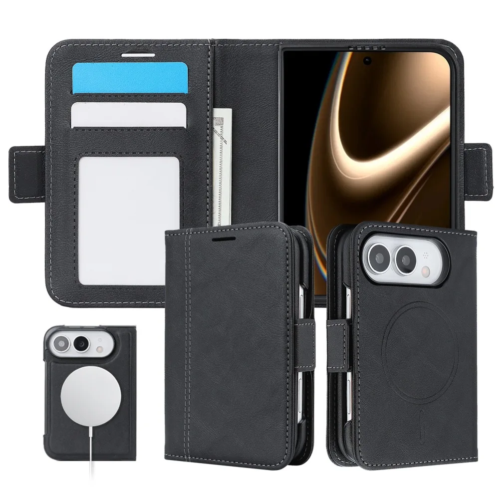 2 in 1 Magnetic Wireless Charging Leather Flip Phone Cover for iPhone Duo with Back with Built-in Cash Pocket & Card Slots