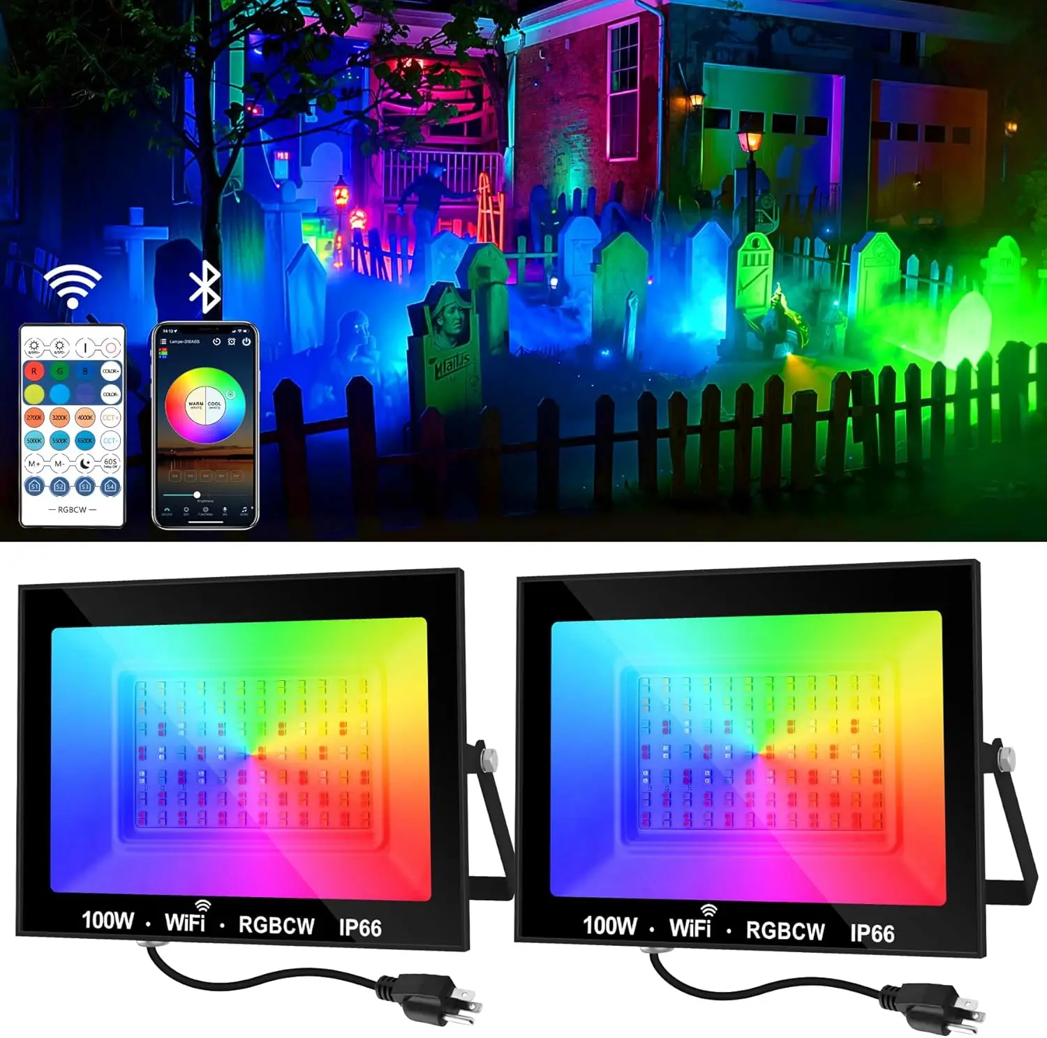 

Светодиодный прожектор RGB 100 Вт, уличный садовый прожектор с дистанционным управлением, IP66, проекторы с регулируемой яркостью, меняющие цвет для дворовой вечеринки