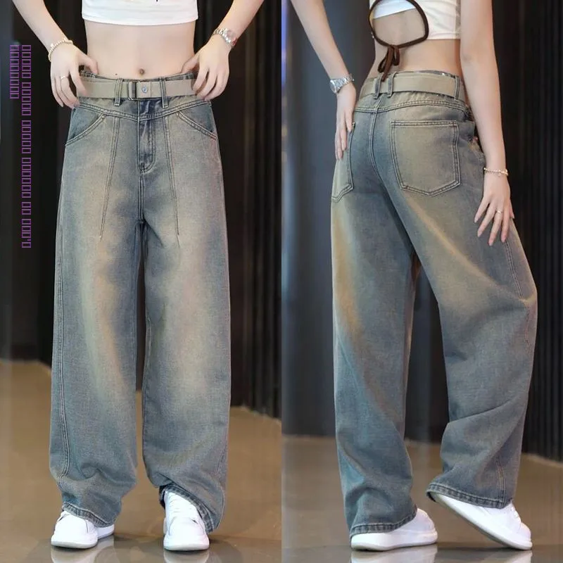 

Американские ретро-джинсы свободного кроя, модные повседневные мужские брюки прямого кроя в пол, широкие брюки из хлопка для молодежи, в стиле High Street