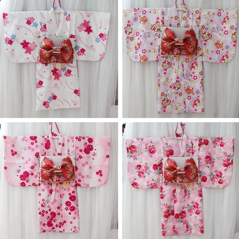 Japanese Pink Cherry Blossom Spring Summer Wrinkle Resistant Thickened Children's Kimono Attire With Brocade Waist Cover ZE490