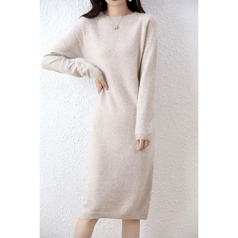 Tailor Sheep 100% Merino Wool Knitted Sweater Dress Women Winter/ Autumn O-Neck Female Dresses Long Style Jumper Girl Clothes