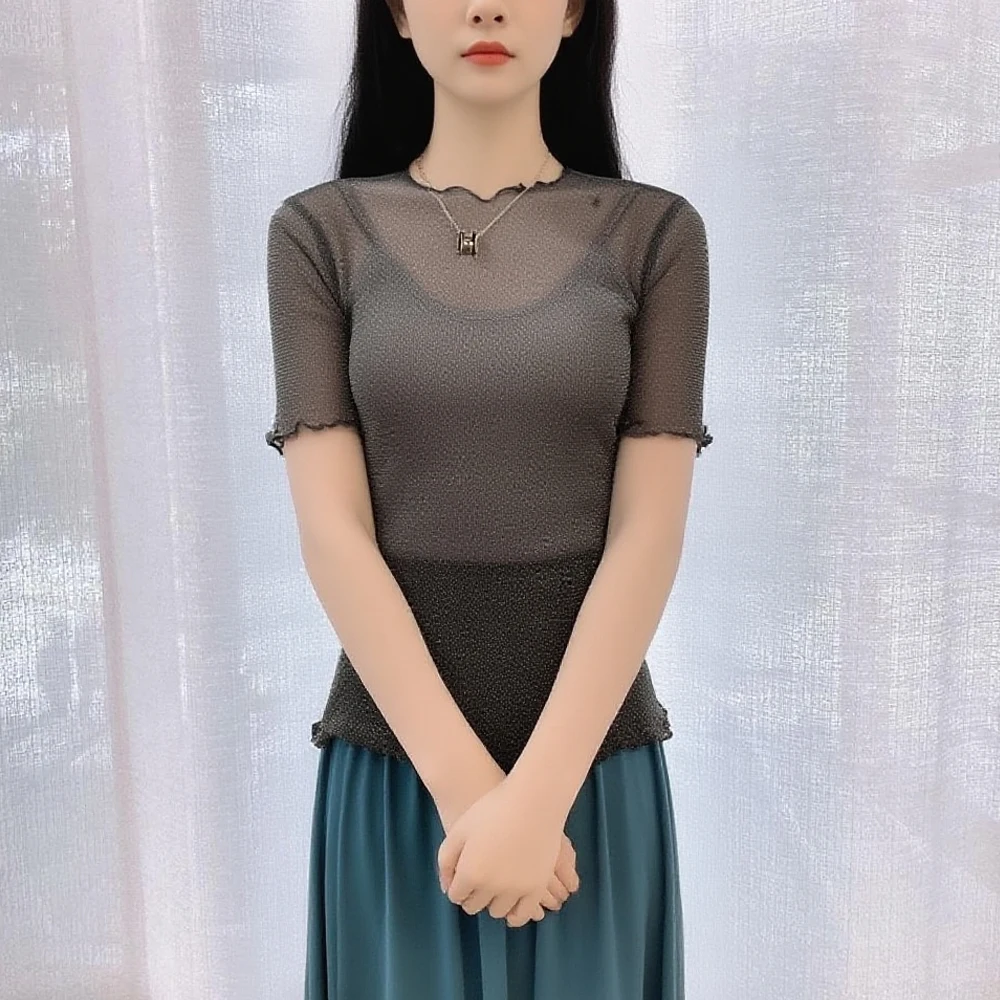 

Women Transparent Short Sleeve T Shirt Black White Grey Shiny Bling Bling Mesh Top Lady S-2XL O Neck Short Sleeve Blouse Female