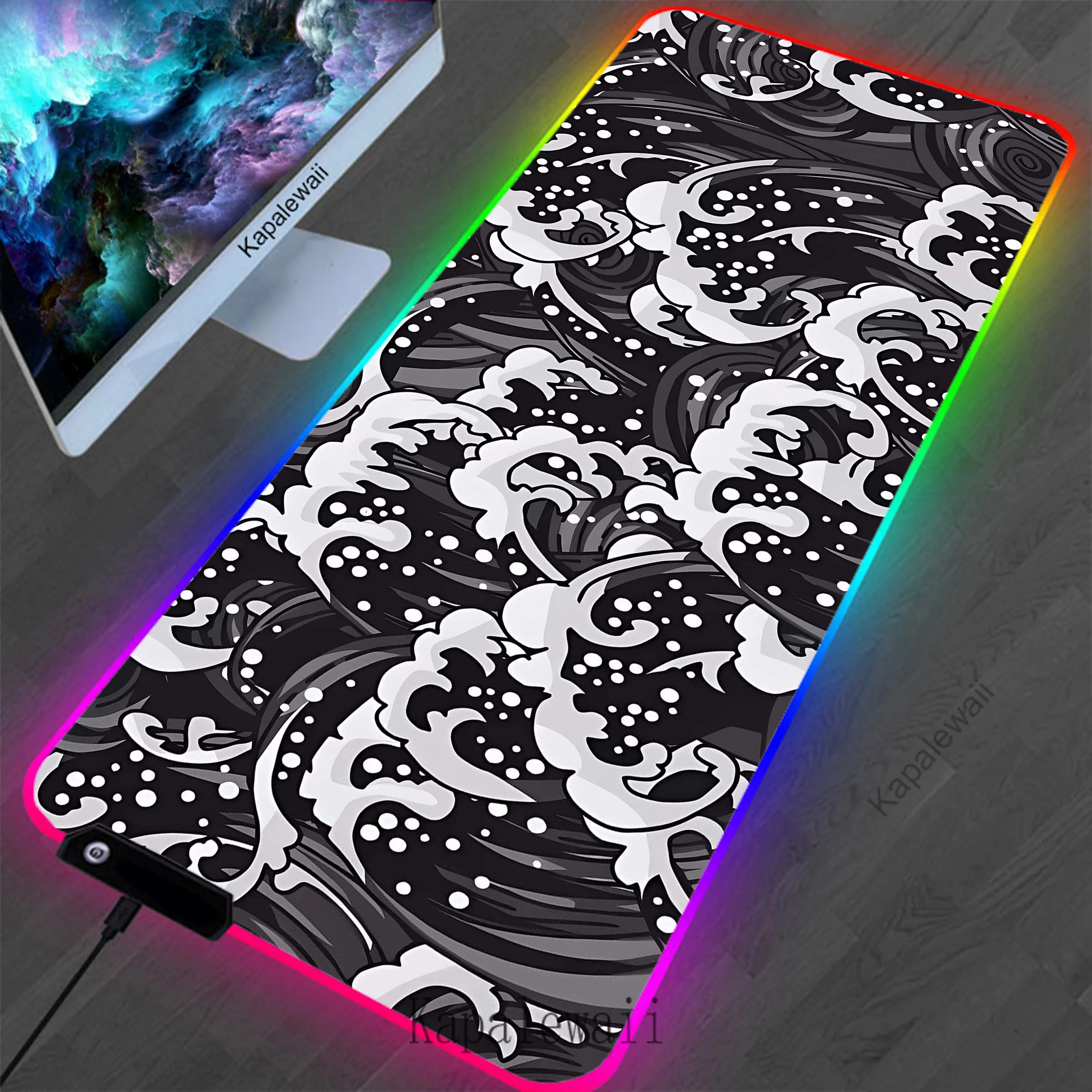 

Great Wave Off RGB LED Large Mouse Pad Pc Gamer Mousepad HD Print Gaming Keyboard Pads XXL Non-slip Table Carpet Rubber Desk Mat