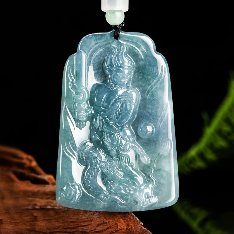 

Blue Myanmar Jadeite Bodhisattva Pendant Necklace Talismans Luxury Gemstone Real Jewelry Natural Burmese Jade Carved Men Charm