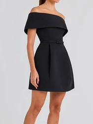 Women Simple Patchwork Off The Shoulder Party Dress, 2024 Spring Summer Short Sleeve Mini Dress, Slash Neck Solid Ladies Dress