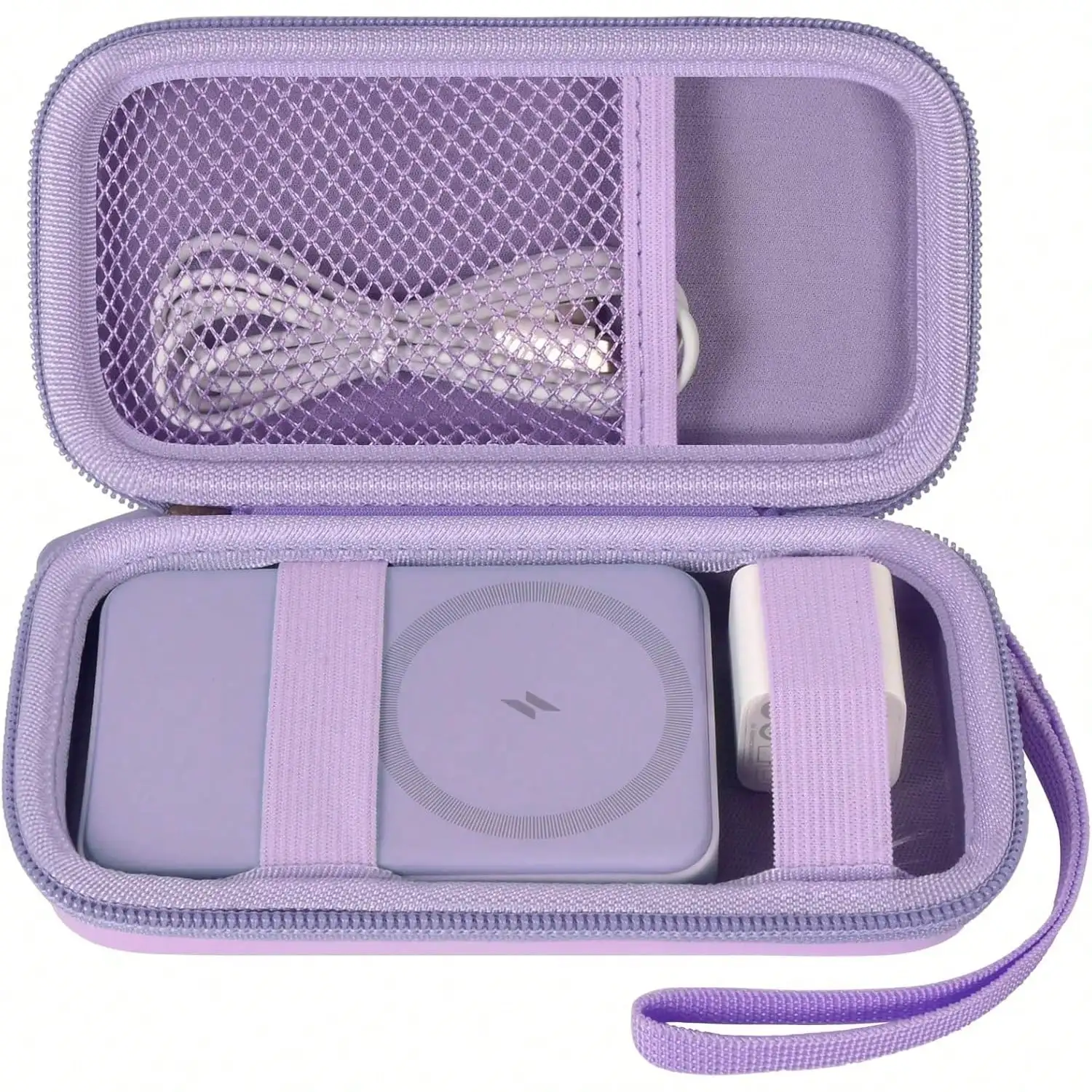 

Фиолетовый жесткий дорожный футляр для беспроводного внешнего аккумулятора и аксессуаров