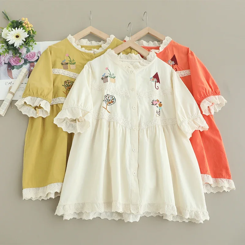 Summer Sweet Mori Girl Floral Embroidered Shirt Women Short Sleeve Ruffle Collar Single Breasted Casual Loose Blouse Tops