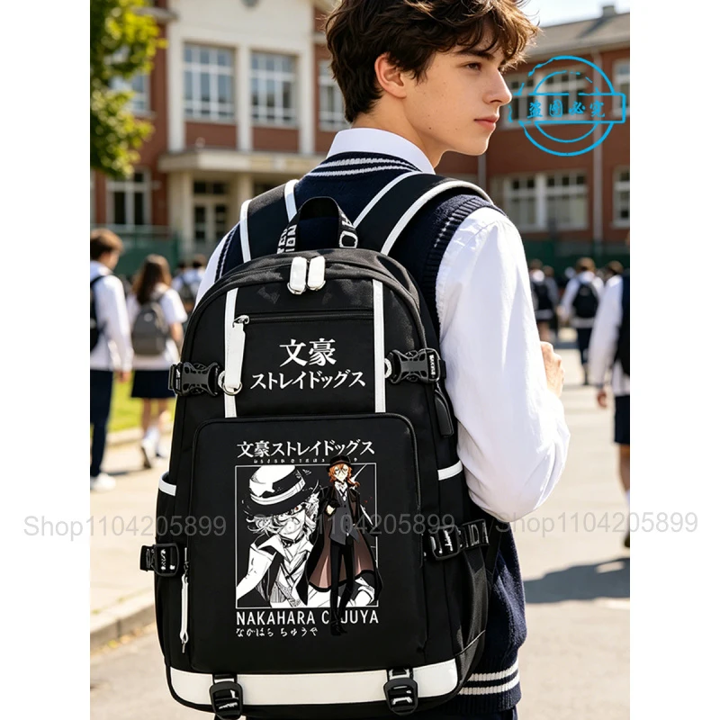 Bungo Stray Dogs Backpack Anime Mochila Boys Student Schoolbags Bookbag USB Charging Laptop Men Black Travel Shoulder Bags