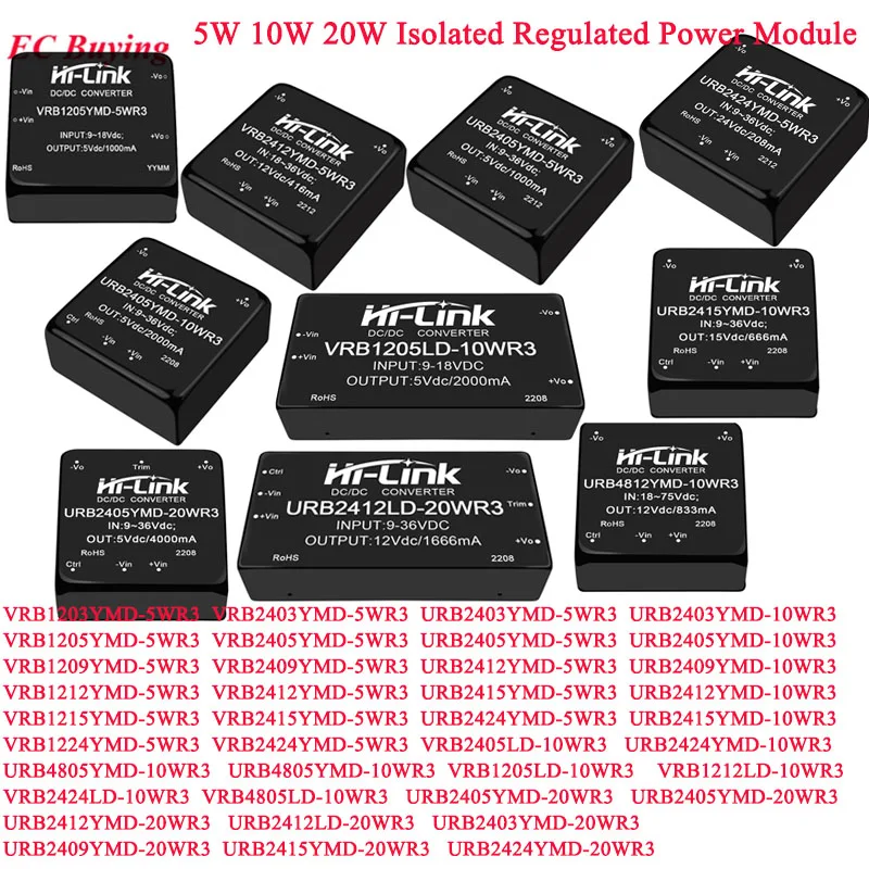 Moduł izolowanego zasilacza DC-DC 20W/10W/5W, stabilizowany, 48V/24V/12V na 3.3V/5V/9V/12V/15V/24V URB4812YMD VRB1205YMD URB2412YMD