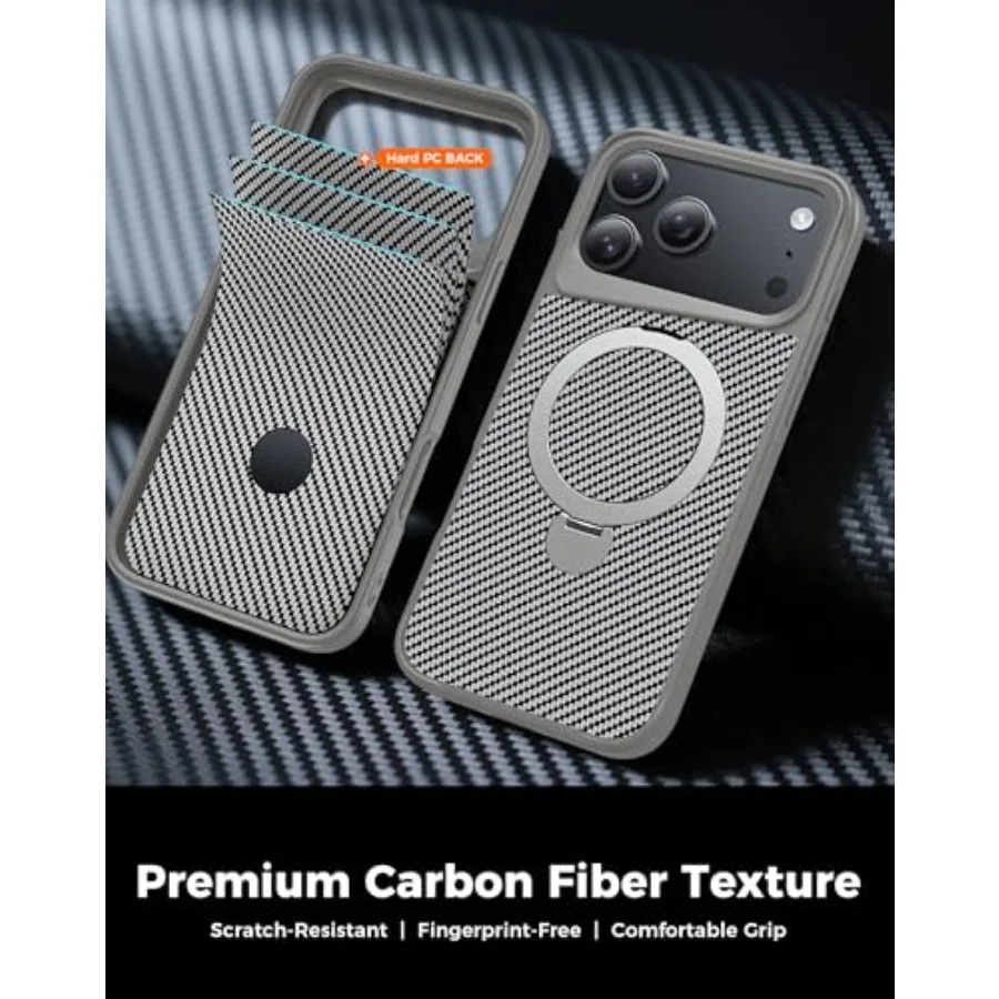 360 Magnetic Stand Carbon Fiber Case Designed for iPhone 17 Pro Max with Military-Grade 15FT Protection and Built-in Stand Ring