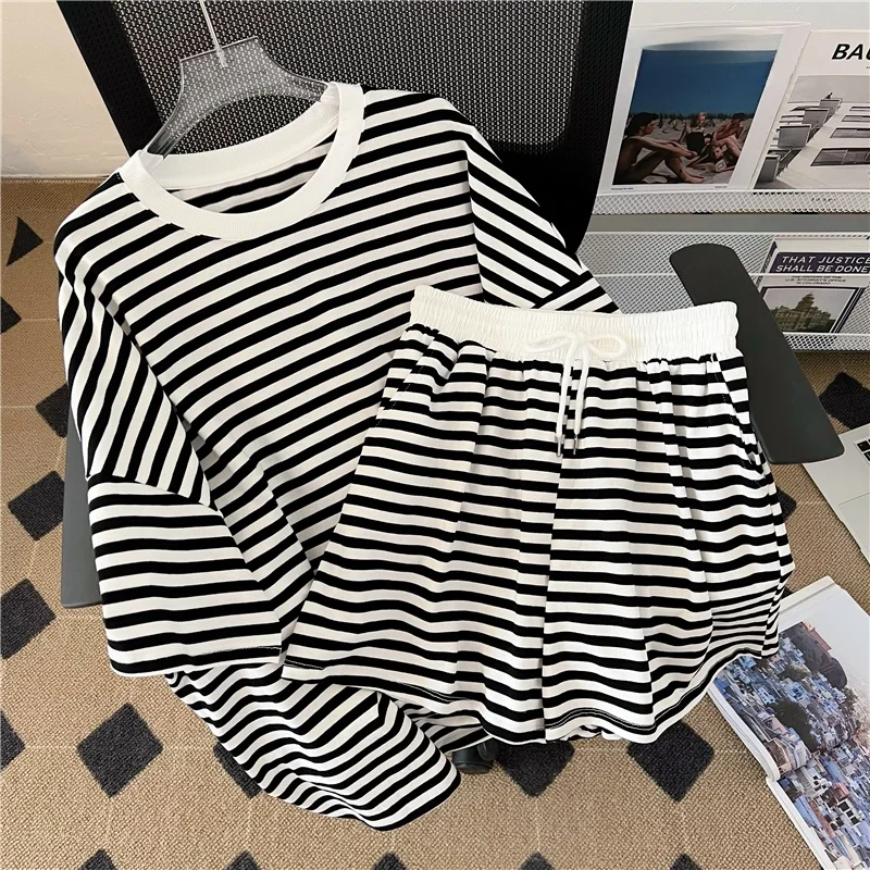 

Women's Summer Striped ort Sve Spwear Set Large Size Home Clothes Can Be Worn outside Two-Piece Set Comfortable Cotton