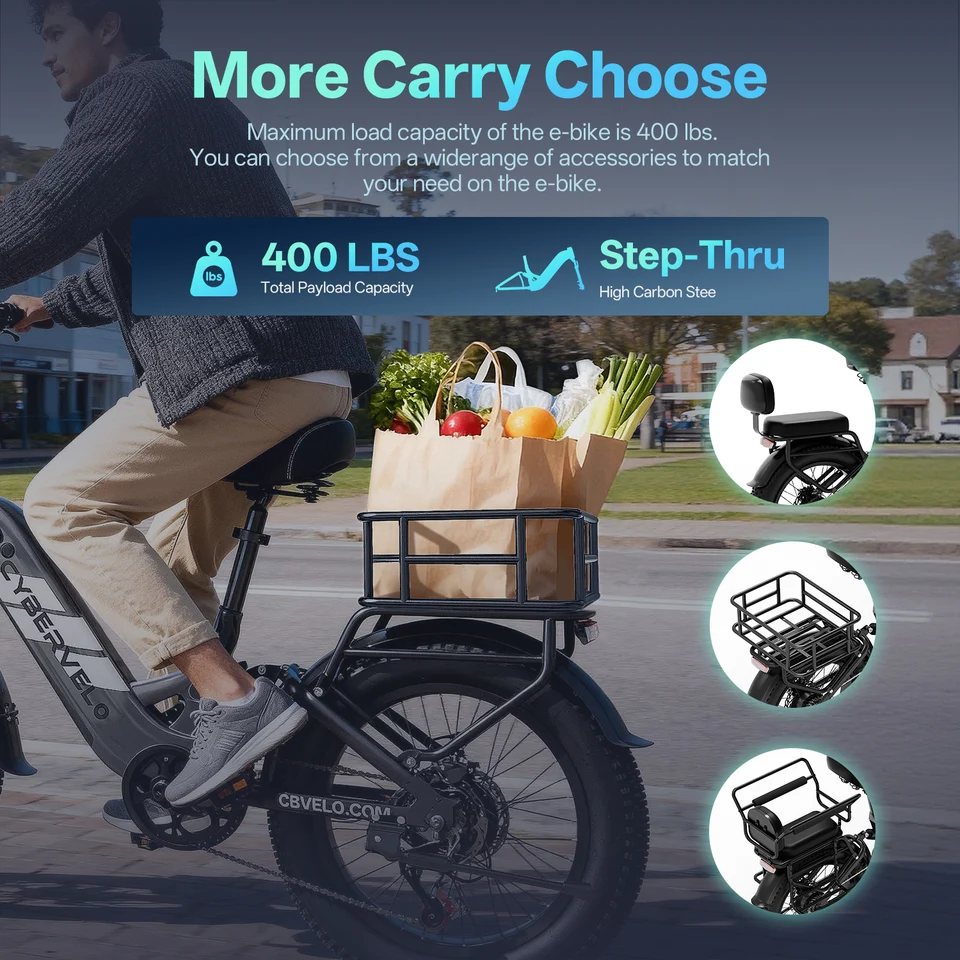 Cybervelo 20" Step-Thru Commuter, 1500W Peak 20ah Battery 80 Miles Long Range E-bike, 7-Speed Shift Adult Electric Bike EK12 EK8 image 13