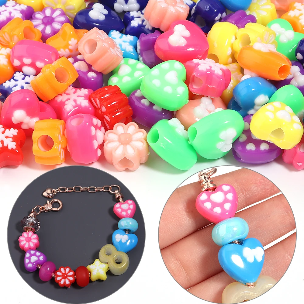 50pcs Candy Color Big Hole Acrylic Beads Mixed Shape Heart Star Flower Snowflake Loose Beads DIY Bracelet Necklace Making Supply