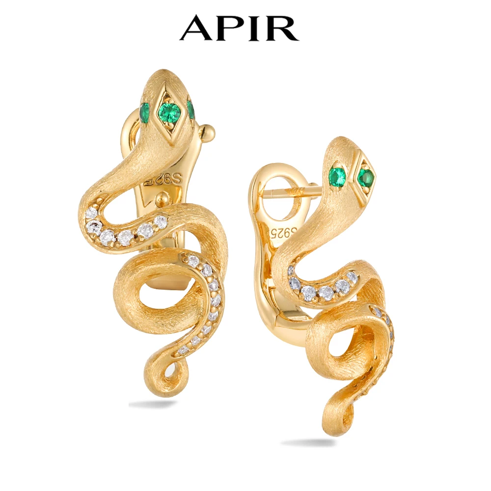 

APIR Gold Plated Snake-shaped Emeralds Mossanite Stud Earrings for Women Brushed Finish Retro Pendant Earrings Banquet Jewelry