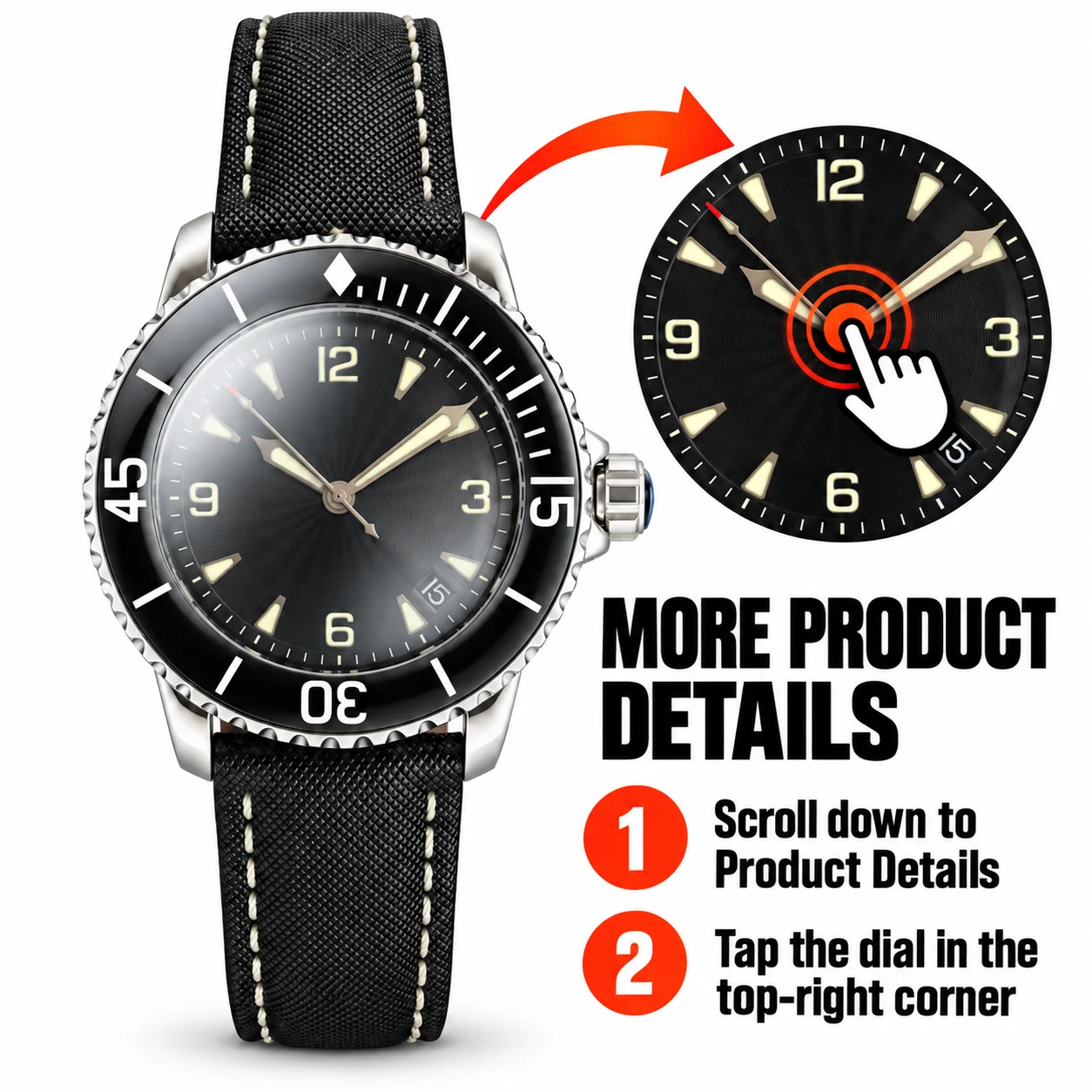 Men's 45mm Automatic Mechanical Watch Black Dial Date Rotating Bezel Leather Strap Diving Style Sport Wristwatch