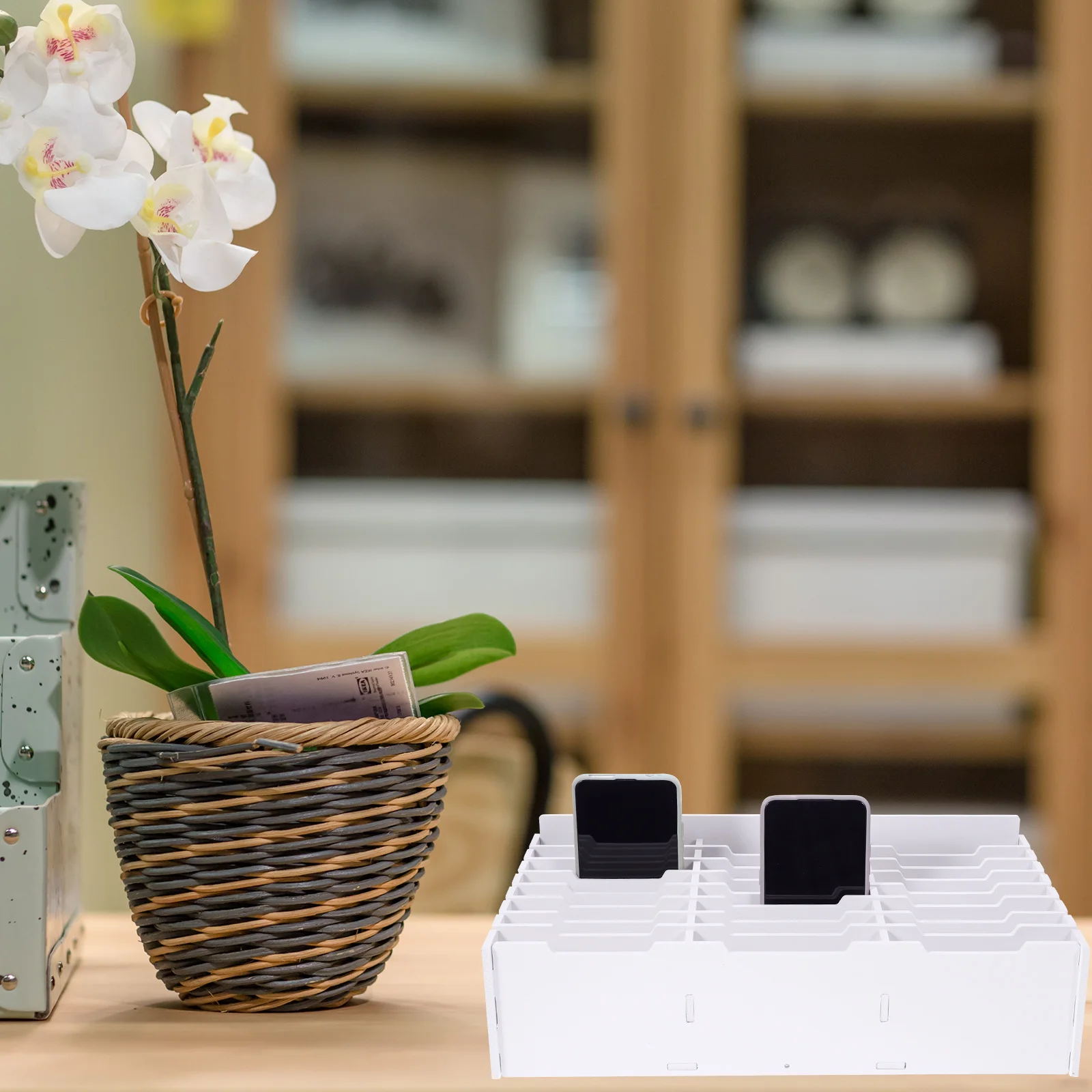 Multi-Grid Storage Box Desktop Holder For Cell Phones Calculators Classroom Office Organization Wooden Phone Container Desk