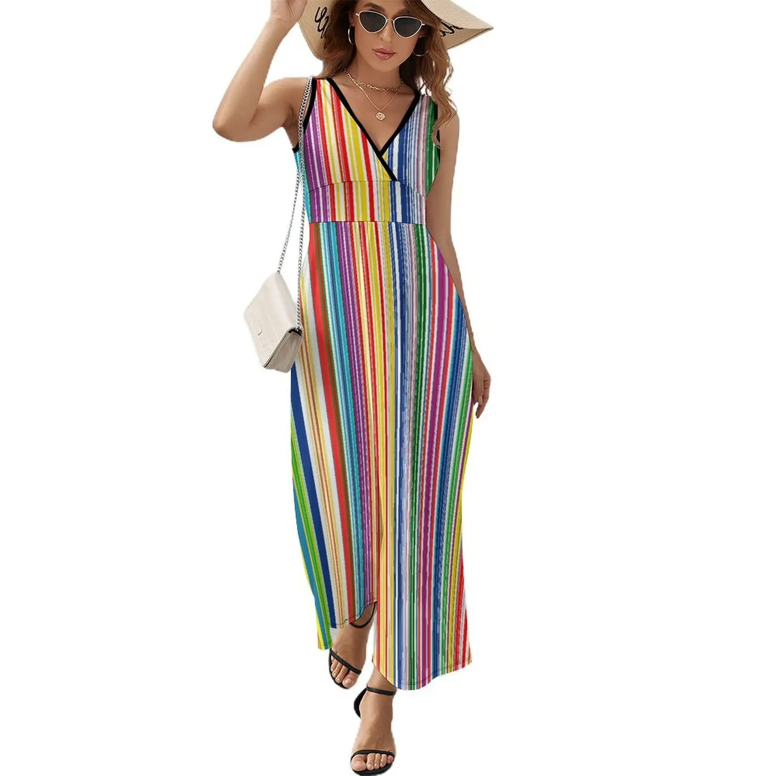 

Rainbow Stripes Dress Female Colorful Lines Print Vintage Maxi Dress V Neck Sleeveless Casual Graphic Boho Beach Long Dresses