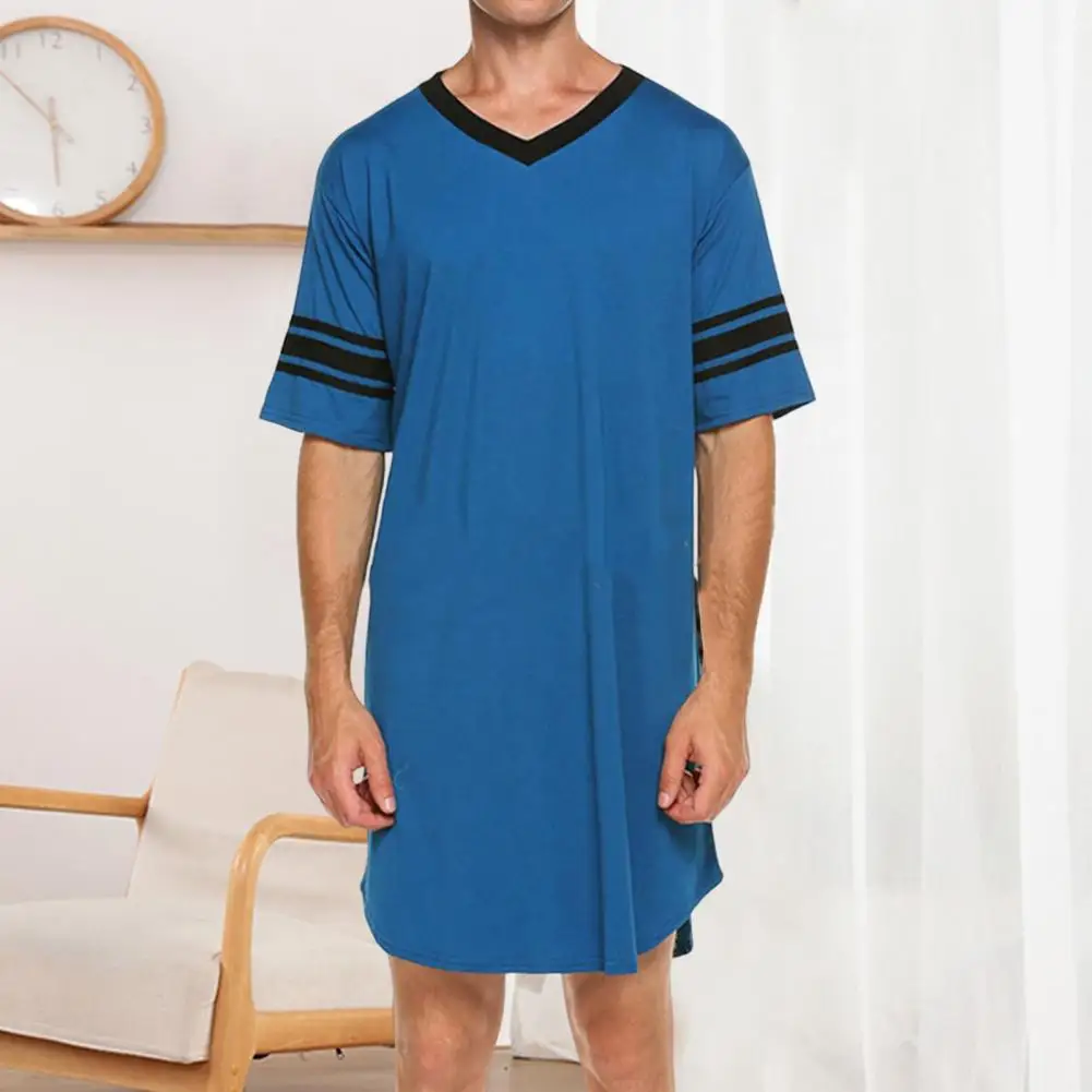 1Pc Soft Home Clothes Pullover Loose Short Sleeve Men Summer Homewear Robe Color Matching V Neck Striped Print Sleeping Clothes