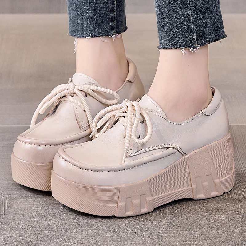 GKTINOO 2024 Spring New Genuine Leather Pumps Thick Soled Women Shoes Retro Comfortable Round Toe Wedges Platform Shoes