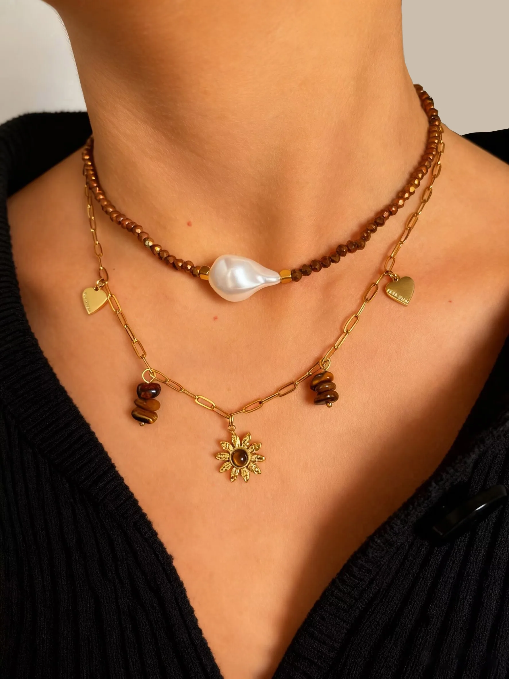 GHIDBK Autumn and Winter Natural Inspired Maillard Color Bead Chain for Women Novel Jewelry Heart Sunflower Pendant Necklaces