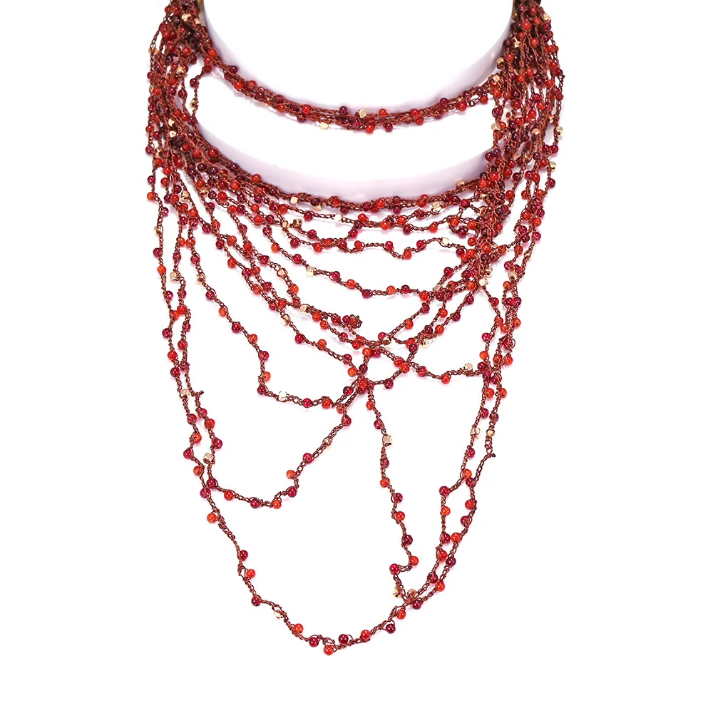 2024 New Necklace Vintage Red Beaded Tassel Pendant Necklace for Women Multilayer Ethnic Style Choker Necklace Jewelry