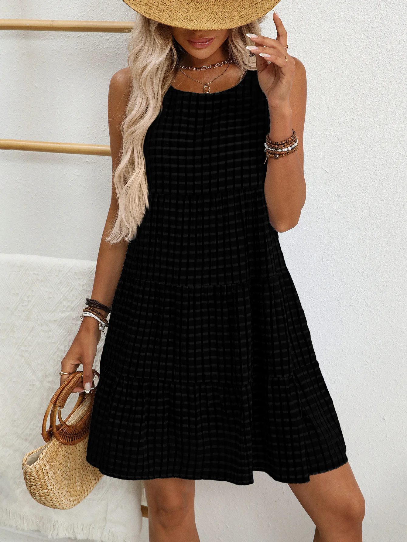 Dames Effen Kleur Gingham Mouwloze Jurk Lente Zomer Gelaagde Ruche Oogje Mini Zonnejurk Casual Boho Outfit Daten & Dagelijks