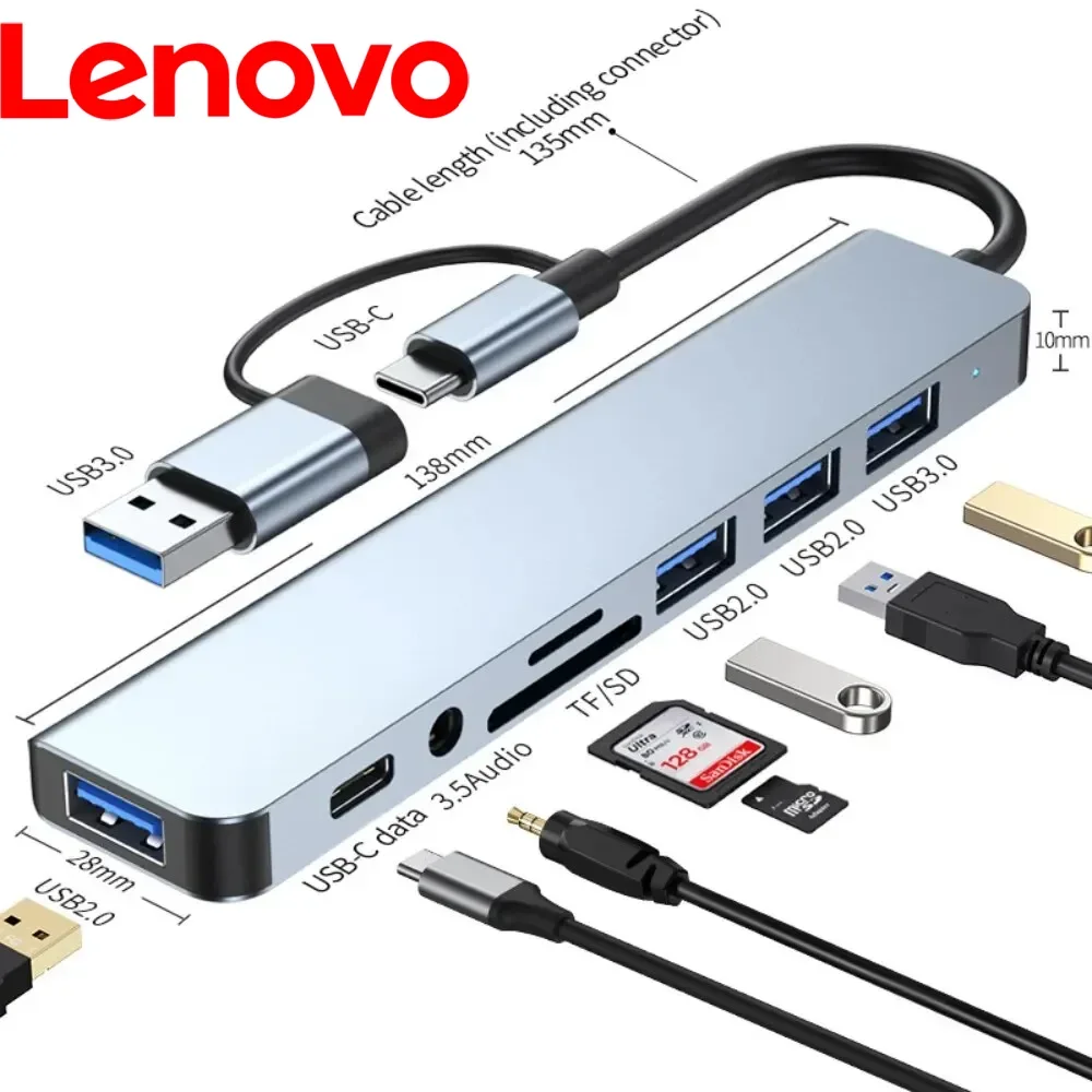 Lenovo USB C Hub USB Splitter 8in2 USB Extender with 4USB Port 1USBC Port TF/SD Card Reader Audio Output Compatible with MacBook