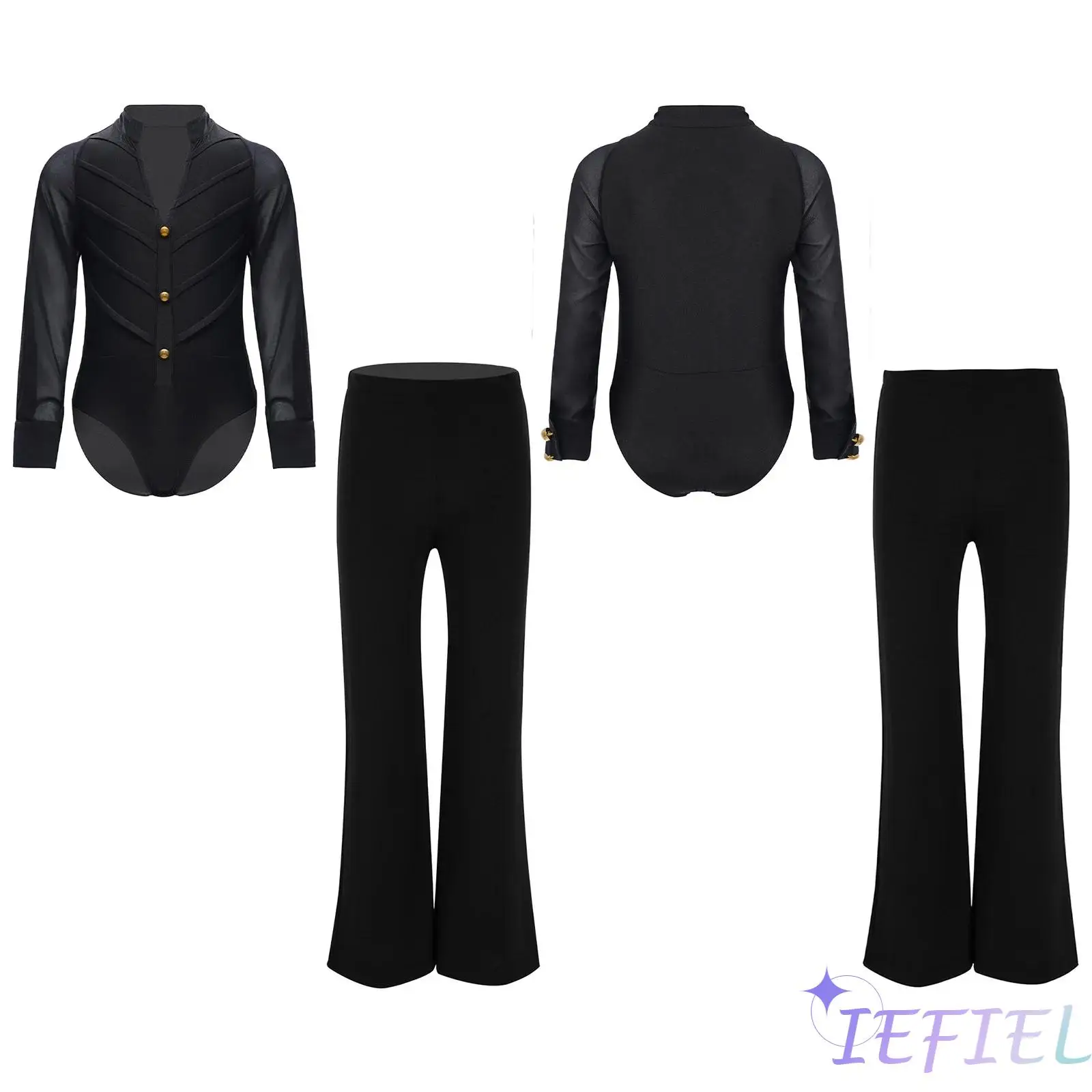 

2Pcs Boy Latin Ballroom Dance Costume Long Sleeve Stand Collar Leotard with Flared Pants for Party Stage Performance Competition
