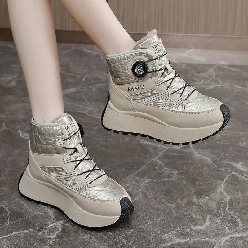 Women's Ankle Boots Round Toe Low Block Heel Lace-Up Platform Lug Sole Plush Collar Quilted Finish Daily Winter Outdoor Footwear