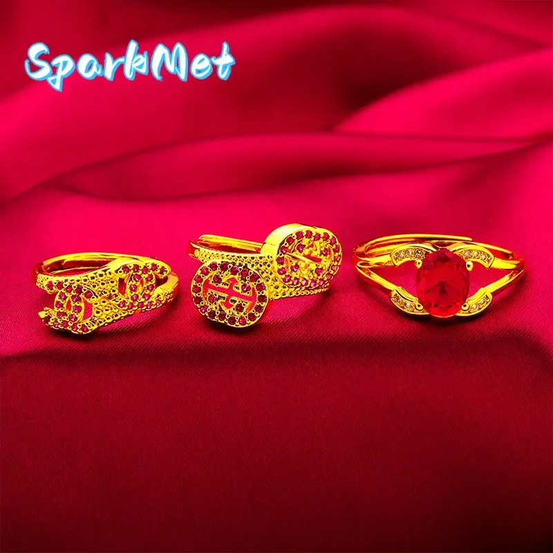 

SparkmetRed Diamond Adjustable Ring for Women, 24K Gold, AU999 | Polished gold with oval red diamond, flexible fit for daily ele