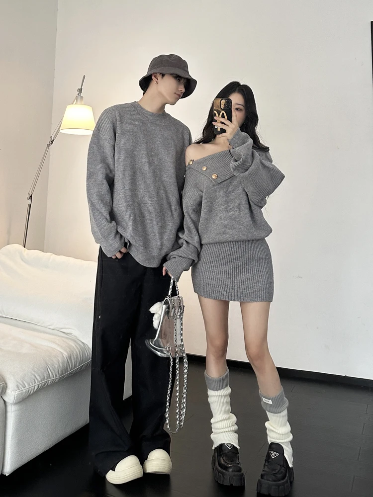 

Retro Japanese Style Knitted Sweater Dress Couple Matching Loose Fit Autumn Winter Fashion Small Batch Design Sensation