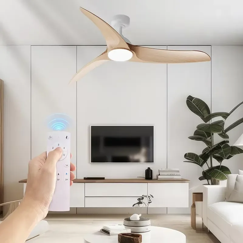Modern Wood LED Dining Chandelier with Remote Control Inverter Ceiling Fan Light Metal Body and Fan Blade for Home