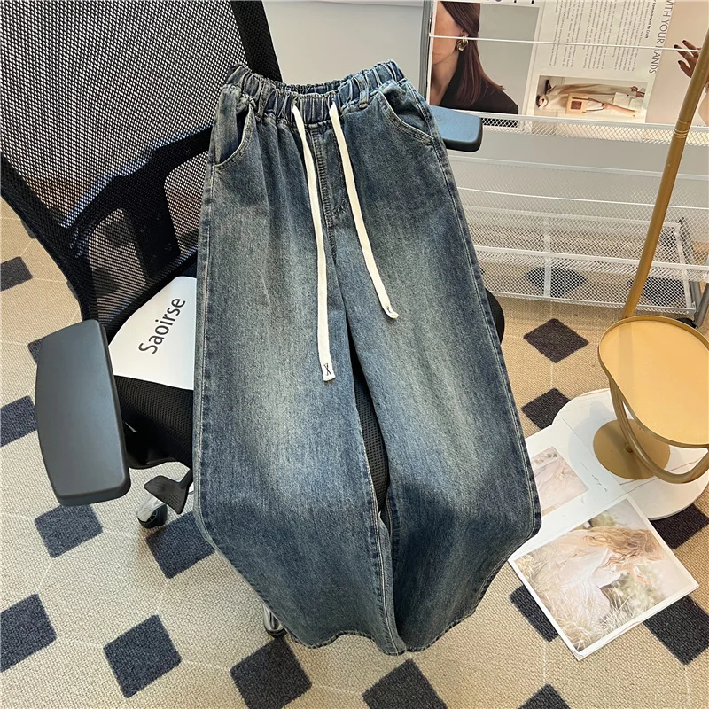 

Elastic waist drawstring loose wide-leg jeans for women autumn 2024 new retro washed blue high waist slim mopping pants