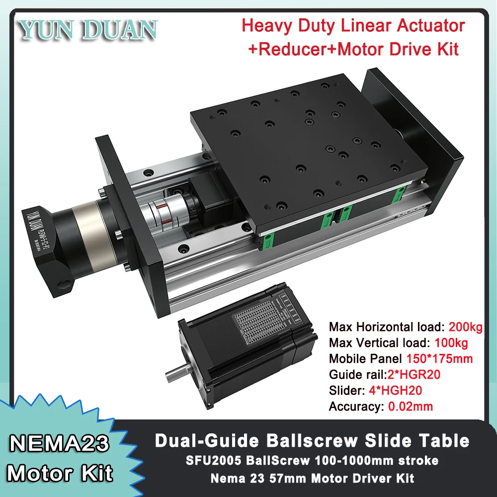 200KG Heavy Load Ballscrew Sliding Table 150mm Wide NEMA23 57mm Motor Large Linear Stage Motion 4 Slides HGH20 2 Guide HGR20 XYZ