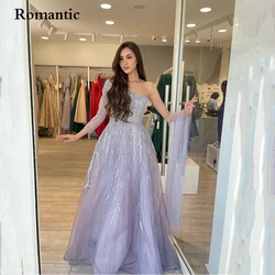 Romantic A-Line Light Purple Tulle Evening Dresses Sequin Lace 2022 One Shoulder Square Collar With Floor Length Prom Gowns