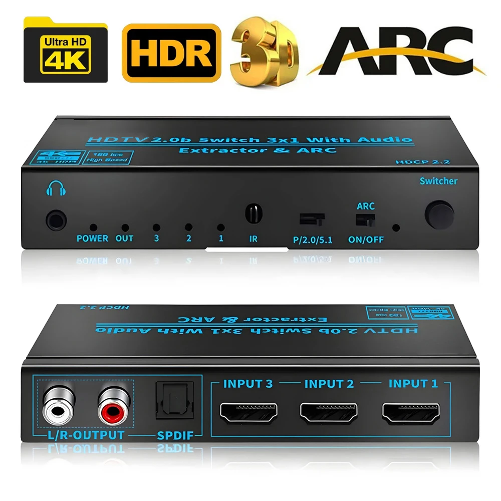 3ポート 3 in 1 HDMI対応 2.0 スイッチ 4K 60Hz スイッチ ARC機能付き リモコン付き テレビ PS5 Xbox PC/ラップトップ Fire TV用
