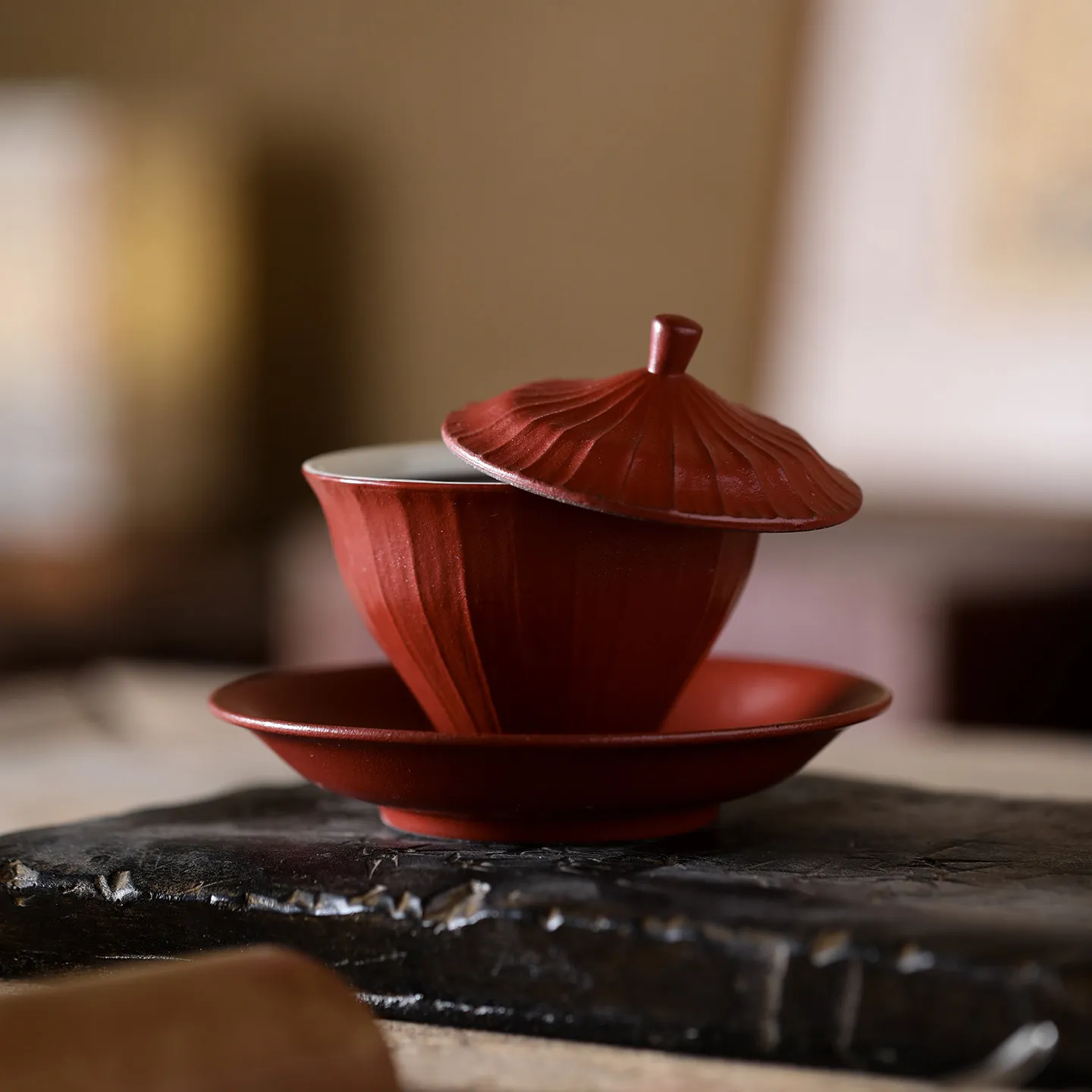 Red Three Piece Gaiwan, Clay Lidded Tea Bowl for Chinese Gongfu Sessions, Tea Sampling and Relaxed Home Brewing