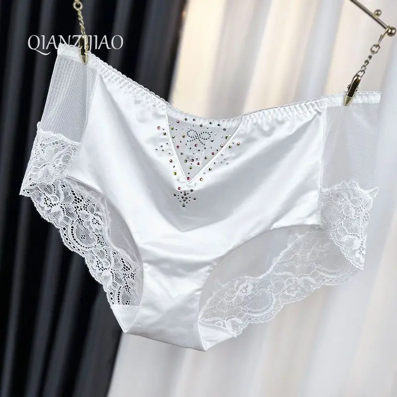 Autumn and Winter  (high Quality) Light Luxury Diamond Women's Underwear Soft Silky Smooth Perspective Charming Mid-waist Briefs