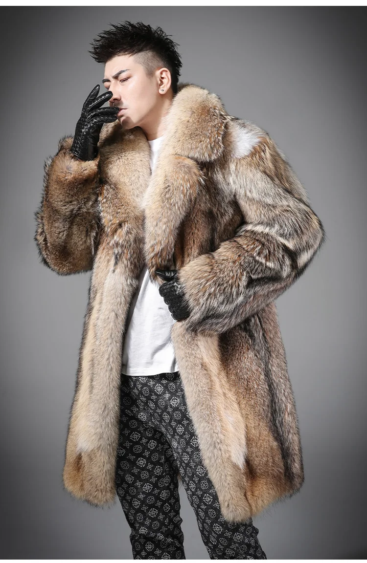 Winter 2024 New North American Coyote Men\'s Suit Collar Long Fur Coat Warm Leisure Natural Wolf Skin