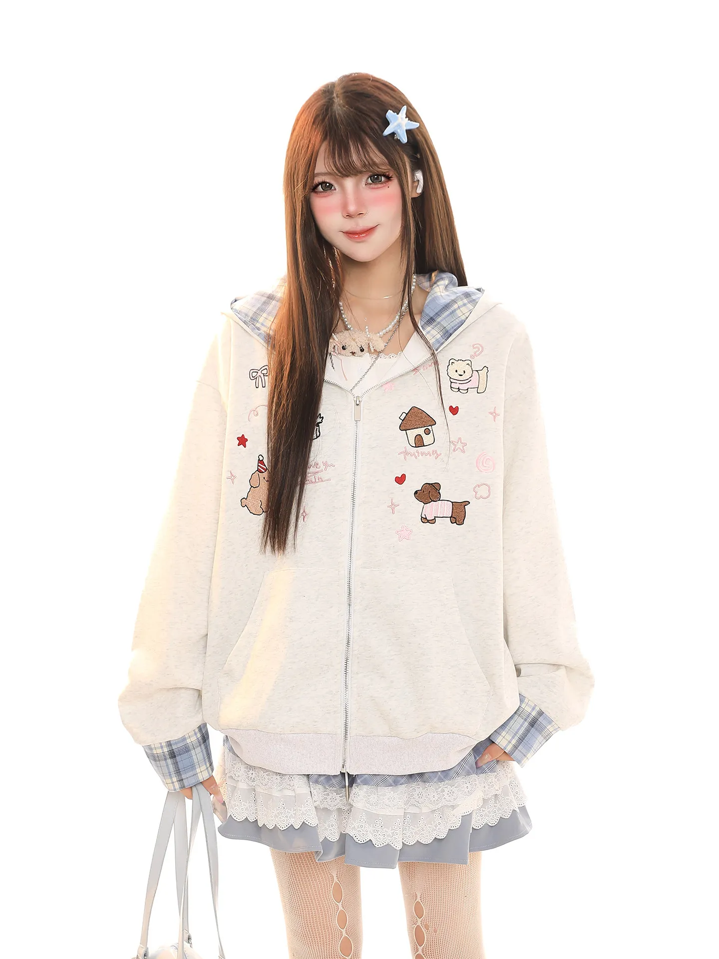 

Модная женская толстовка с капюшоном в клетку и мультяшным принтом, свободного кроя, для весны, удобная, дышащая, повседневная, в уличном стиле