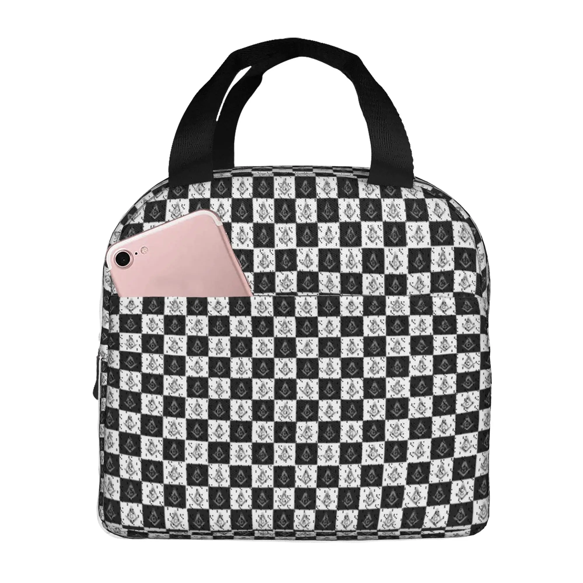 Freemason Checkered Black And White Pattern Insulated Lunch Bag Masonic Mason Thermal Cooler Lunch Box Office Picnic Travel
