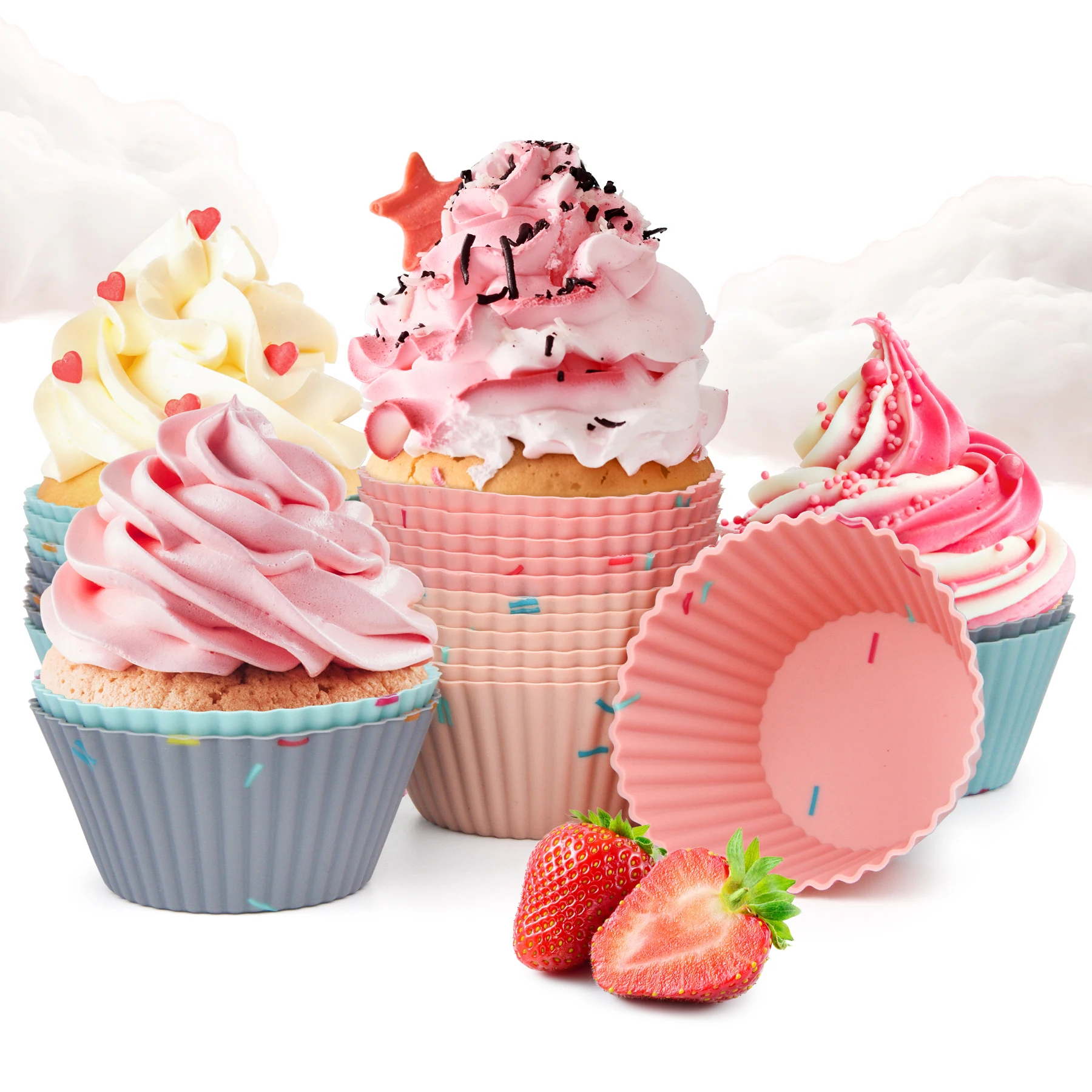 ECH.APR 24Pcs Silicone Cupcake Baking Cups Reusable Muffin Cups Non-Stick Muffin Cupcake Liners Wrapper Cups Holders